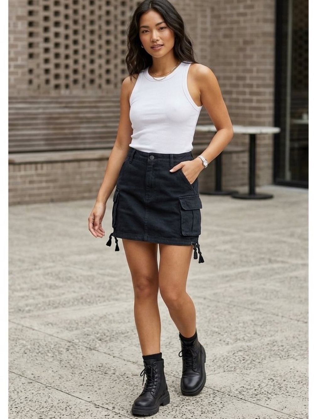 Zara Women’s Cargo Short Mini Skirt Utility Side Tie Drawstring, Black, Size‎ L